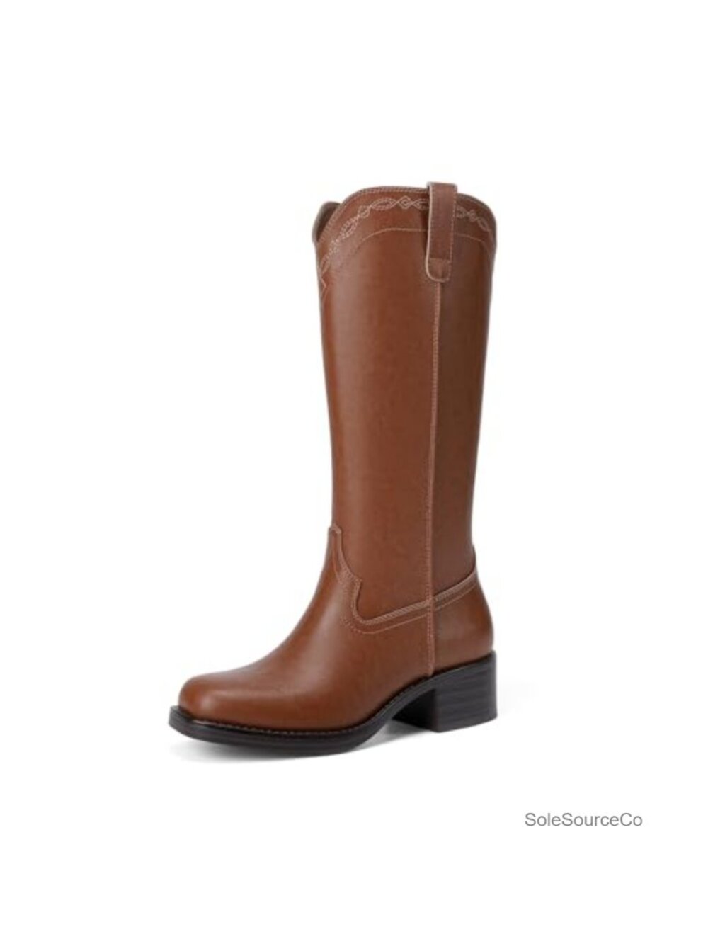 Faux Leather Square Toe Western Knee High Boots Slip-On Block Heel